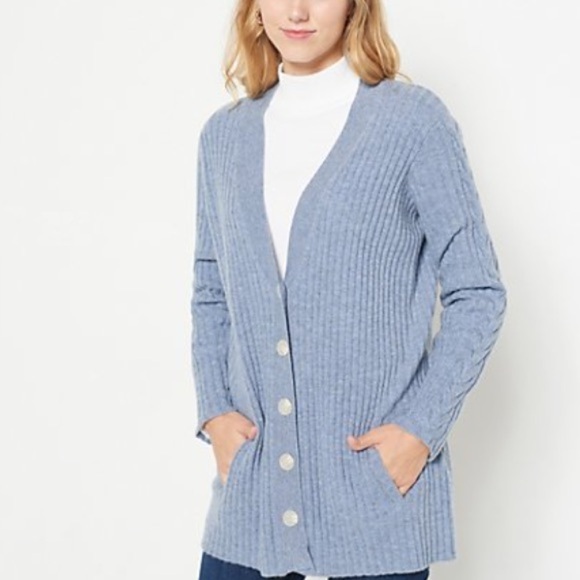 Soft by Naadam 100% Cashmere Ribbed Cardigan Cable Sleeve - Heather Denim READ - Picture 1 of 9